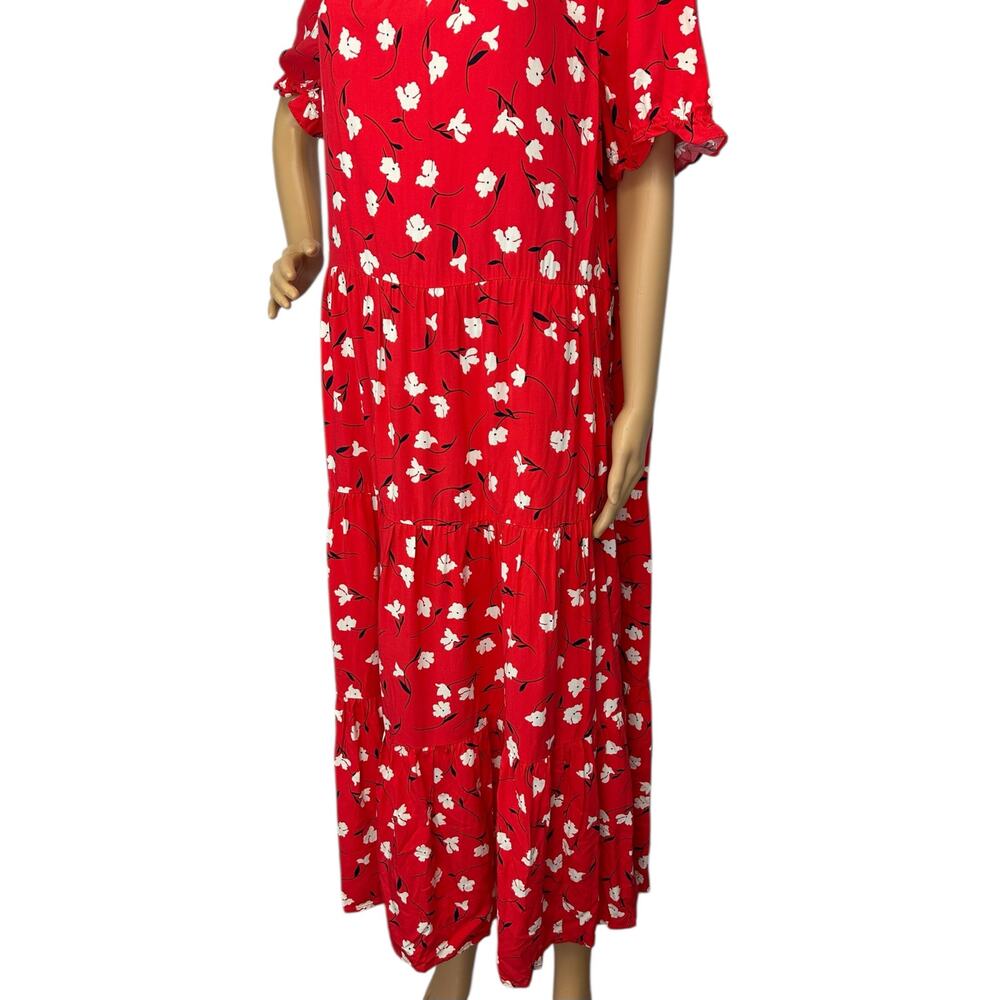 J. Crew Floral Puff-Sleeve Tiered Midi Dress Red BF865 Size L - Picture 10 of 14
